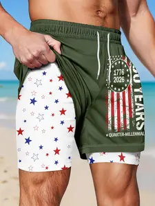 Men's Quick-Dry Dual-Layer Shorts, Usa Flag Pattern, Patriotic Star Print, Drawstring Waist, Beach & Surf Wear, Swimwear Shorts, 4th of July Holiday