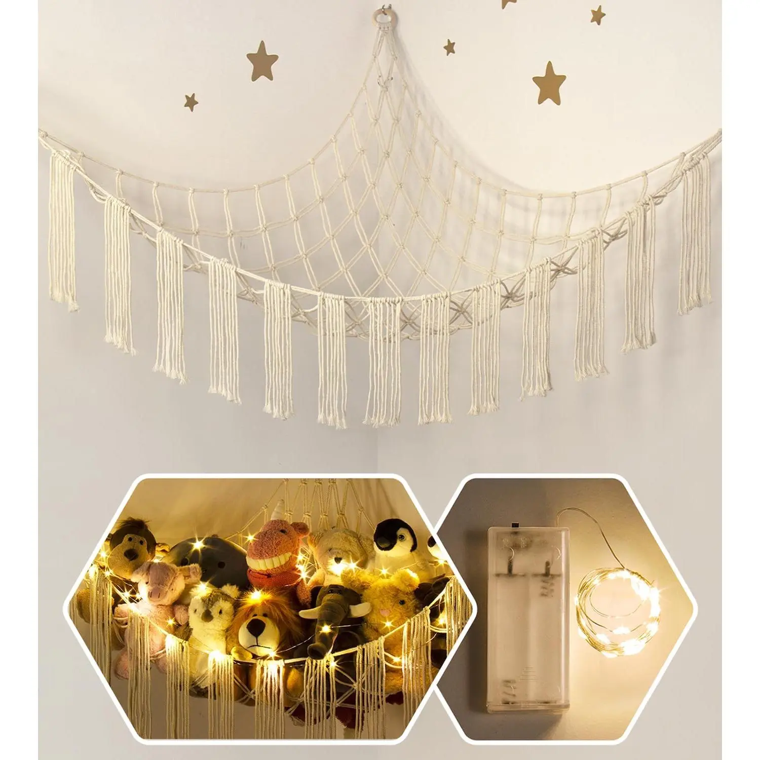 Stuffed  Hammock Corner with LED Light -  Storage Hammock Plushie Net Large - Cute Stuff  Holder Hanging Organizer -  Room Decor    Bedroom Boho