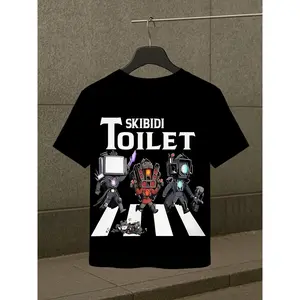 Fun Robot and SKIBIDI Toilet Pattern Boys' T-shirt, Black Casual Summer Top, Breathable Round Neck for Boys and Girls, Hand Wash Exclusive, Fun Design, Comfortable Kids' Clothing! The first choice for small game players~