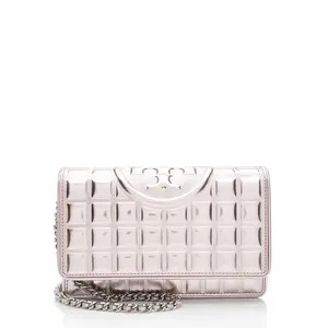 Pre-owned Tory Burch Leather Clutches & Wristlets Metallic Square Quilted Fleming Soft Wallet on Chain