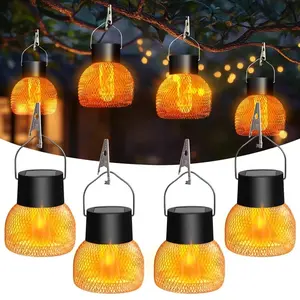 4 Pack Metal Mesh Flame Lanterns with Clips, Solar Powered Hanging Lights, Waterproof LED Warm Lights for Trees, Patio, Yard, Garden and Holiday DIY Decorations