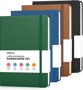 Notebook Journal 4 Pack | College Ruled A5 Hardcover Leather Lined Journal | 100GSM Thick No-Bleed Paper | Office Desk Accessories & Cool Guy Desk Supplies for Work, School, Writing, Men and Women | Black, Brown, Green, Blue | OMEYA