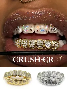 CRUSH CR Unique Full Iced Grillz, Gold/Silver Plated Teeth Cap for Men Women, Versatile Statement Jewelry, Ideal for Birthdays, Hip Hop Fans and Holiday Gifting