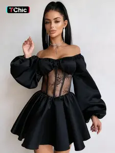 Women's Satin Smooth Patchwork Sexy One Shoulder Dress, Womenswear, Spring Party Wear, Slim-Fitting Plain Design, Fall & Winter Fashion