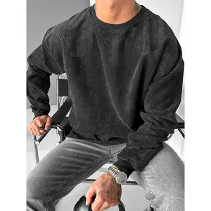 Men's solid color round neck corduroy sportswear, casual loose long sleeved pullover, multifunctional travel style top, polyester fabricRAIMENTRY
