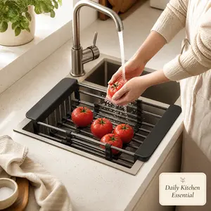 Portable Retractable Drain Basket with Adjustable Armrest,Easy Clean Stainless Steel Kitchen Drying Rack,Over The Sink Dish Drying Rack,Adjustable Multi-function Water Filter Basket for Fruits,Dish Drying Rack