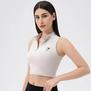 Gymshark Women's Zip Front Sports Vest Short Length Quick Dry Yoga Running Tank Top High Support Padded Shockproof Tight Fit Workout Activewear
