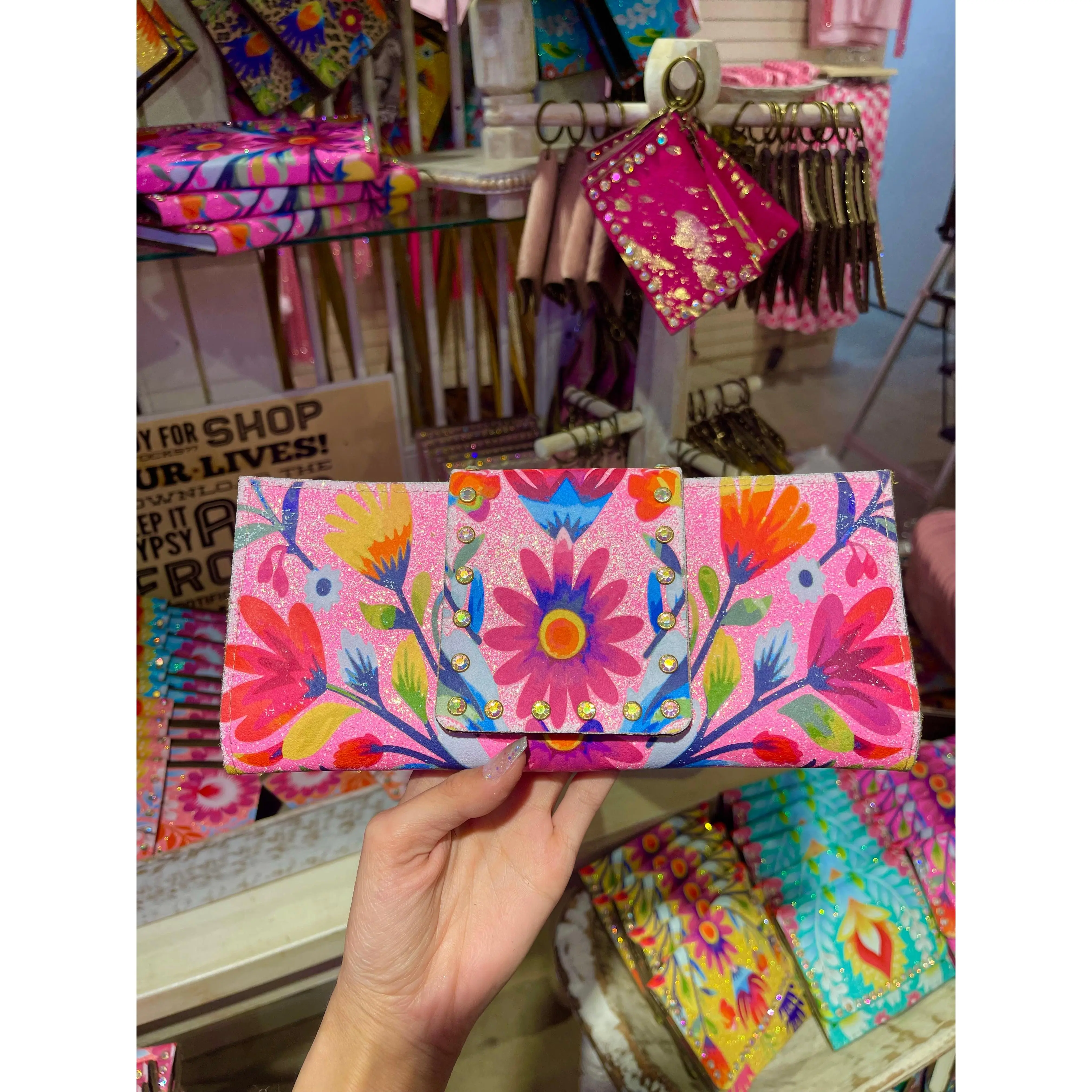 Glitter floral leather KIG Wallet - light pink