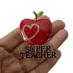 Super Teacher Apple Brooch Pin Accessory - Red Heart Design with Gold Lettering, Durable and Stylish Accessory for Teachers