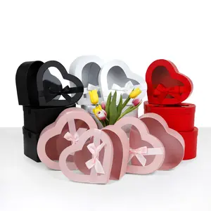 Set of 3, Heart Shaped Flower/Gift Boxes with Ribbon Bow, White/Pink/Black/Red | W740