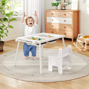 COSTWAY - Sensory Table and Chair Set for Kids 2-8 with Foldable Bins-White