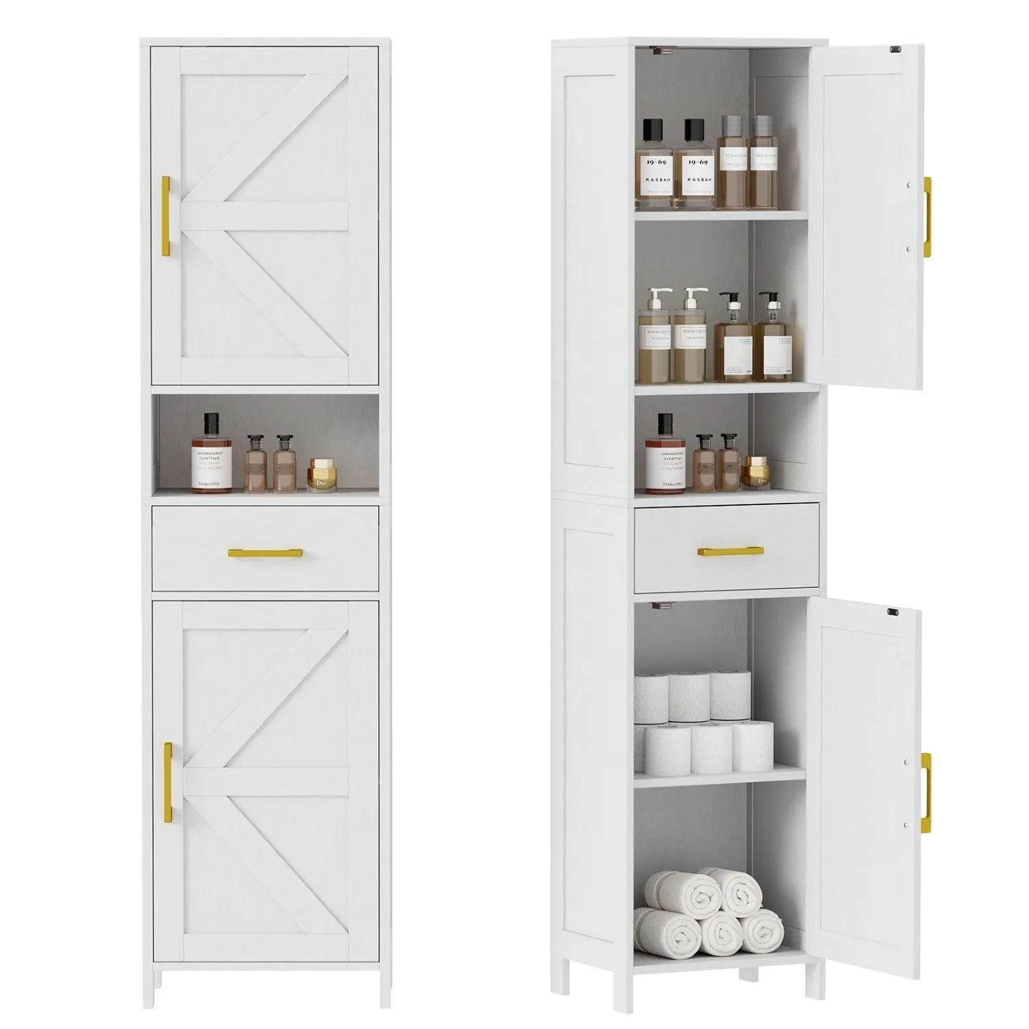 Tall Narrow Storage Cabinet 67" H with 2 Barn Doors and 1 Drawer, Adjustable Shelves Floor Unit for Bathroom Living Room Kitchen