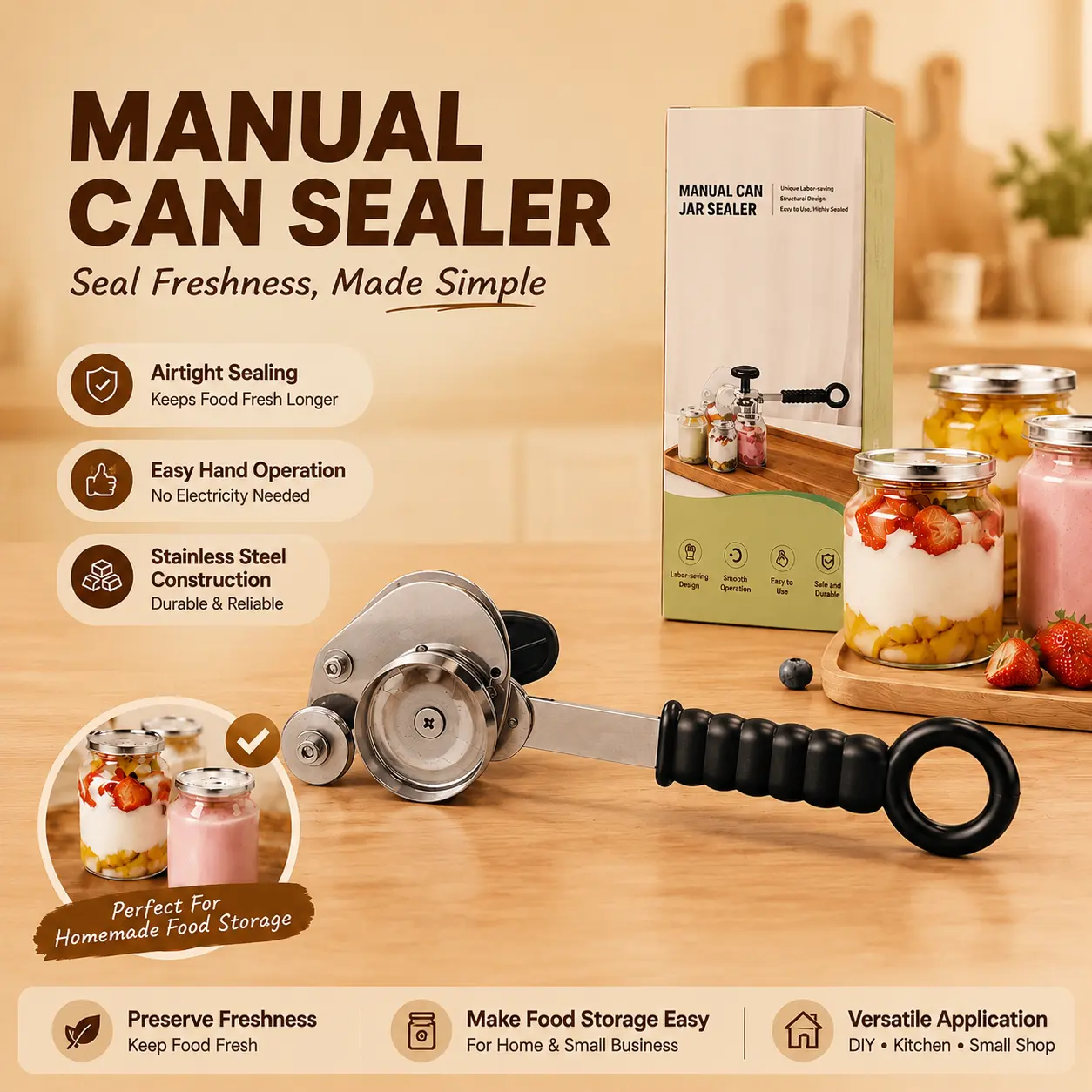 Manual Twist Stainless Steel Can Sealer - Home Kitchen Utensil for Containers, Airtight Seal, Leak-Proof Design, Adjustable Grip, 3-Sec Pro Seal, Pantry Essential