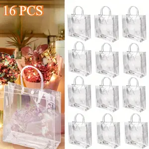 16 Pack Clear Gift Bags with Handles, 7.9" x 7.9" x 3.2" Small Reusable Plastic Party Favor Bags Bulk, Transparent PVC Tote Bag for Wedding, Birthday, Bachelorette, Boutique (20×20×8 cm)