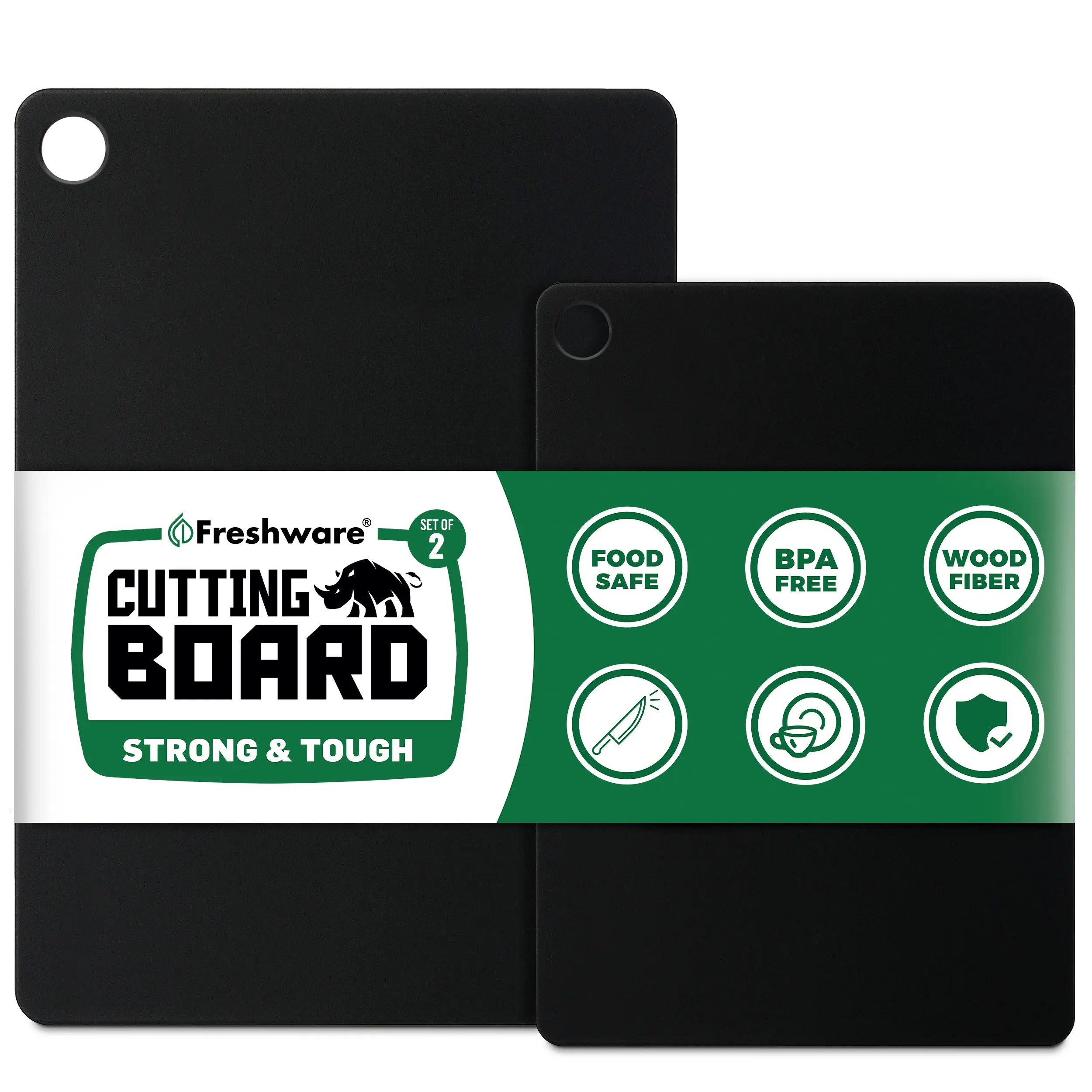 FRESHWARE 2-Piece Wooden Fiber Chopping Board Set - Food-Grade, Non-Toxic, Scratch-Resistant, Rectangular, Lightweight, Heatproof, Black, Dishwasher-Safe; Medium (12"x9"), Large (15"x11.25") Kitchen Cutting Boards, Food-Grade Chopping Boards, Non-Toxic Ch