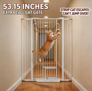 Extra Tall Anti Jump Cat Gate, 53.15" Height Prevent Cat High Jumping Escape, 29.53"-40.16" Wide with Small Cat Door, Auto Close Safety Pet Gate, 1.37" Narrow Bar Spacing, No Drilling Pressure Mount for Cats and Dogs, White