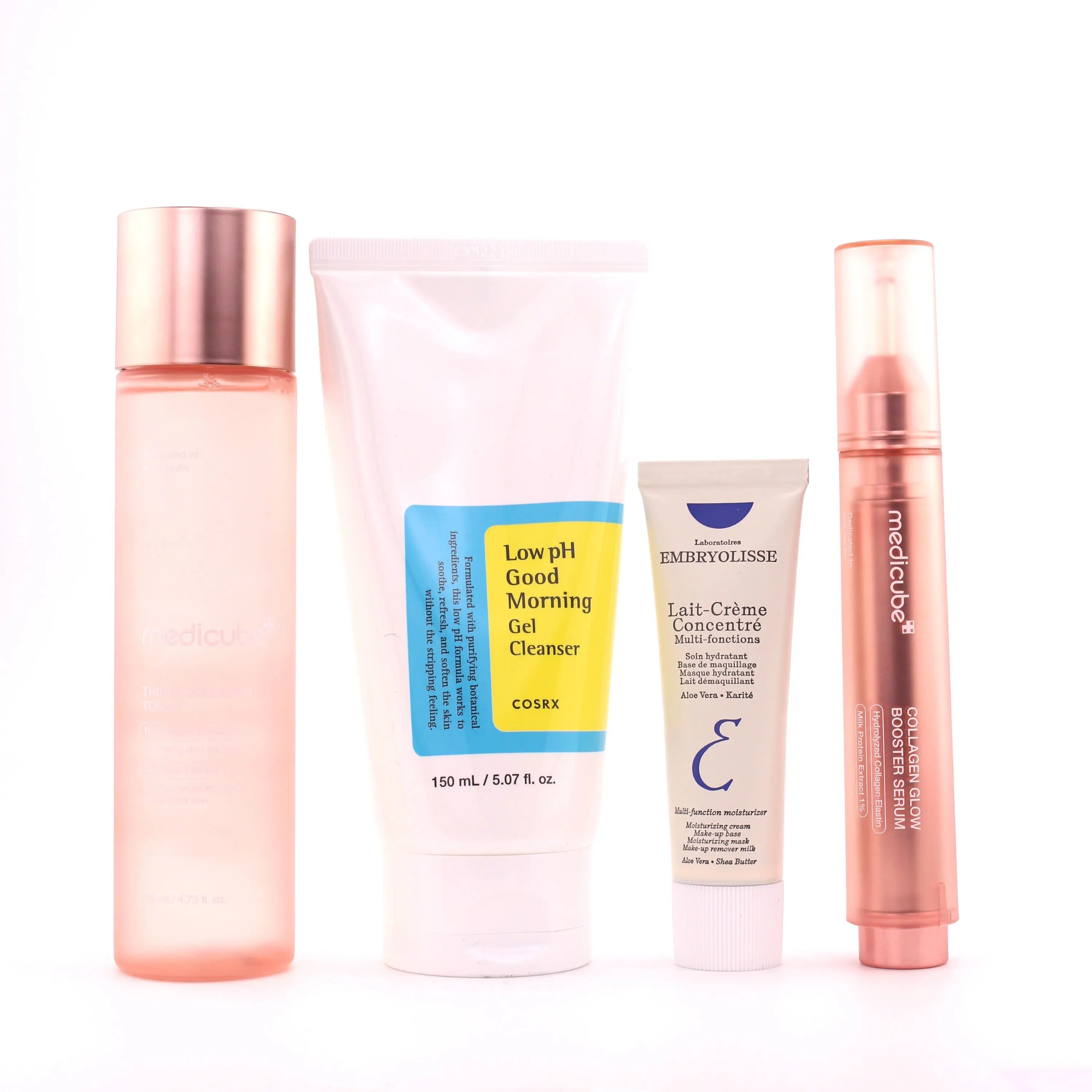 Bundle Skincare Kit - Embryolisse Nourishing Shea-Infused Moisturizer, CosRX Salicylic Acid Tea Tree Gel Cleanser, Medicube Collagen Boost Serum & Hydrating Toner (Moisturizes & Hydrates Dry/Combination Skin), Moisturizing, Cleansing