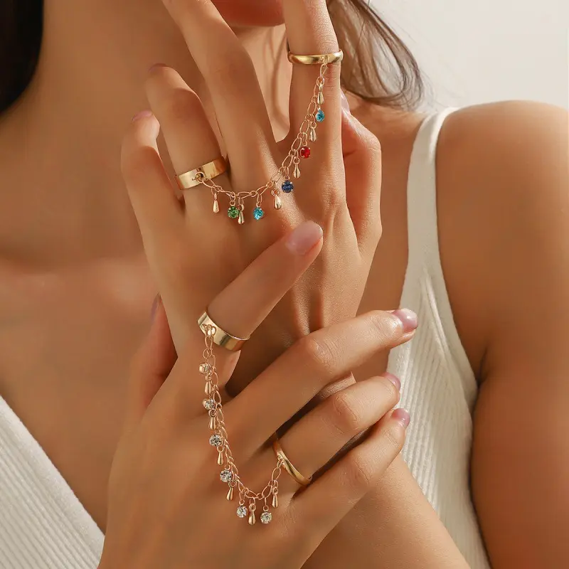 Women's Adjustable Size Linked Chain Ring - Dangle Rhinestones Tassels Open Band Statement Costume Jewelry for Fashion Accessory Enthusiasts