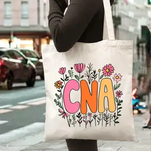 CNA Floral Tote Bag - Durable Machine-Washable Beige Nursing Assistant Gift with Colorful Flower Design, Open Top Work Bag for Healthcare Professionals, Everyday Carryall