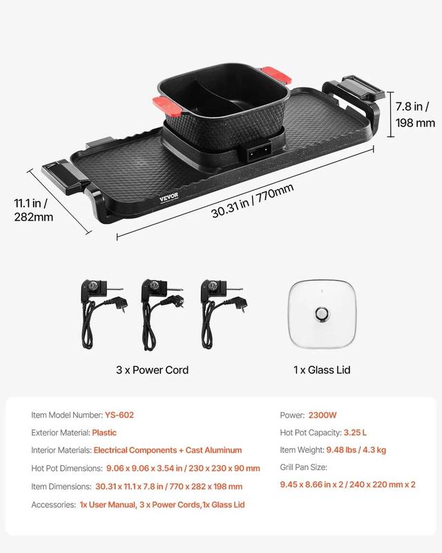 VEVOR Hot Pot with Grill, 2300W 2-in-1 Electric Smokeless Grill and Hot Pot, Removable Shabu-shabu Hotpot with Non-stick Pan, Separate Dual Temperature Control, Indoor Korean BBQ for 1-6 People