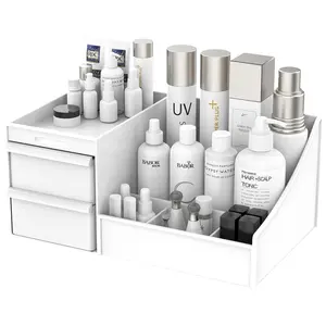 Makeup Desk Cosmetic Storage Box Organizer with Drawers for Dressing Table, Vanity Countertop, Bathroom Counter, Elegant Vanity Holder for Brushes, Eyeshadow, Lotions, Lipstick and Nail Polish