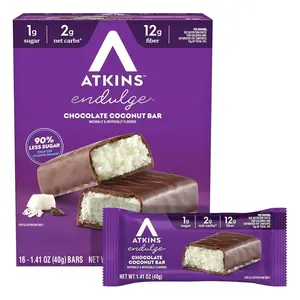 Atkins Endulge Chocolate Coconut Flavored Snack Bar, 1g Sugar, 12g Fiber, Low Sugar Snack, High Fiber Bars, Keto Friendly Treat, 16 Count