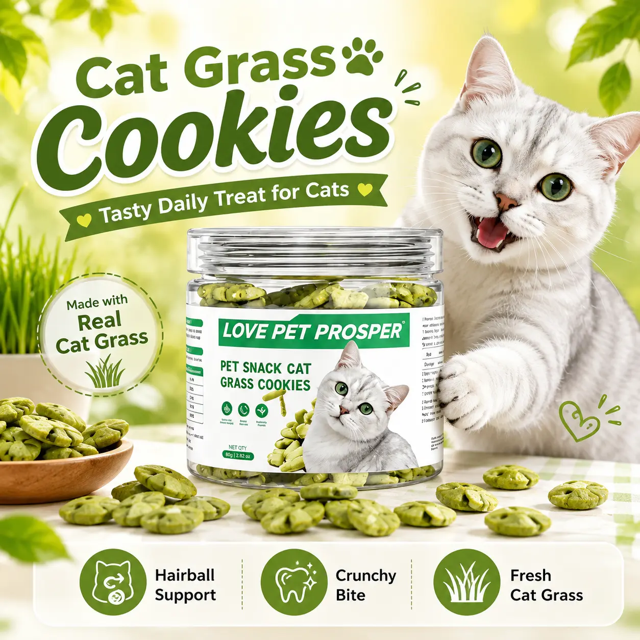 LOVE PET PROSPER Cat Grass Treat Biscuits, Healthy Crunchy Cat Snacks for Hairball Care, Digestion Support, Training Rewards and Daily Feeding |COD