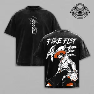 OP Portgas D. Ace Vintage Acid Wash T-Shirt Oversized Streetwear Anime Graphic Tee Fire Fist Ace Back Print Sleeveless Tank Top Heavyweight Cotton Unisex Shirt Gift for Fans Manga Merchandise