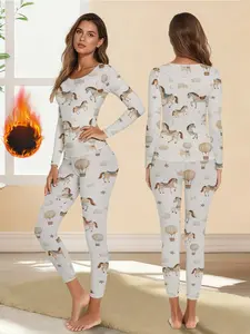 Women's Horse Print Long Sleeve Pants Set, Warm Underwear for Winter, Fashionable Design, Comfortable Fit, Casual Style, Fall & Winter