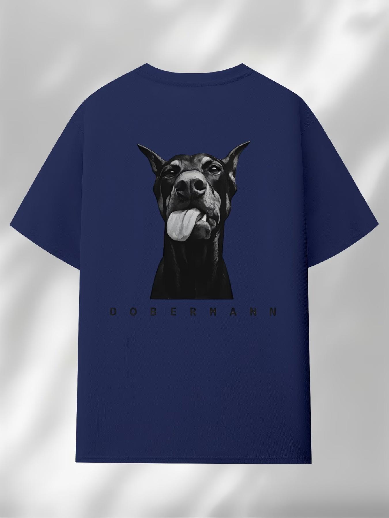 Men's Dobermann Dog Print T-Shirt - Bold Doberman Graphic Crew Neck Tee, Soft 100% Polyester Short Sleeve Shirt with Iconic Breed Design, Machine Washable Casual Summer Wear Suitable for Animal Lovers & Dobermann Owners