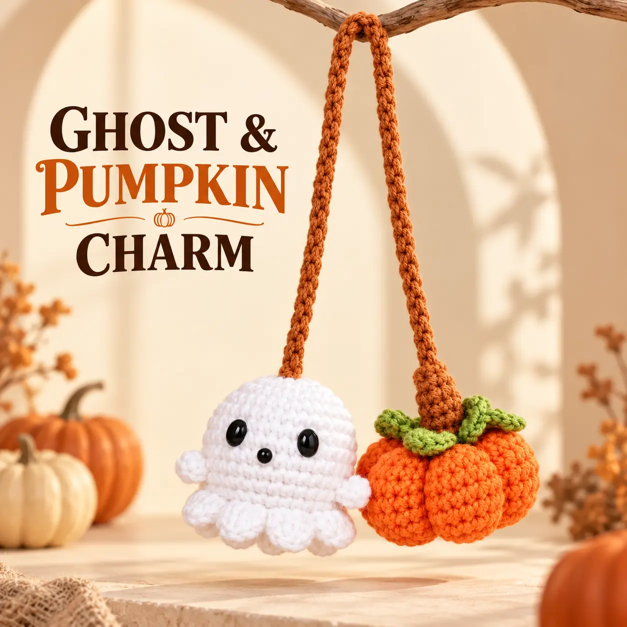 Halloween Crochet Ghost and Pumpkin Hanging Ornament, Cute Spooky Fall Decor with Hanging Cord for Bags, Door Handles, Shelves and Halloween Parties