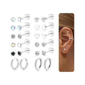 12 Pairs Hypoallergenic Flat Back Earrings for Women Men, Stud Earring Jewelry, Surgical Steel Small Stud Hoop Earrings, Zirconia Opal Heart Cartilage Set
