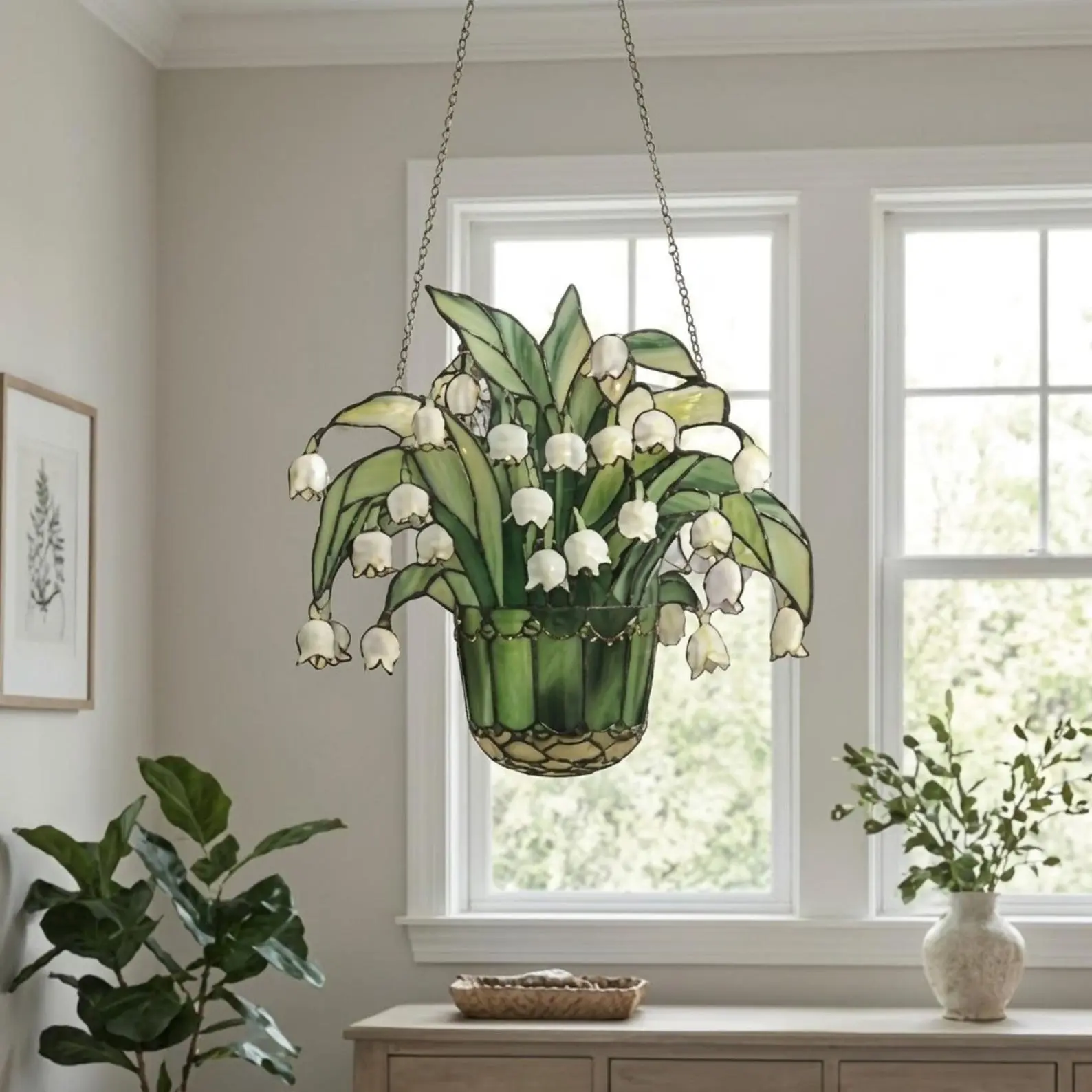 Cottagecore Vintage Stained Glass Style Acrylic Suncatcher Window Hanging Panel Whimsical Lily of the Valley Floral Decor with Chain Perfect Garden Lover Mother's Day Gift