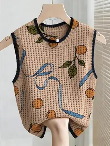 Boho Style Summer Knit Top, Loose Fit Round Neck Sleeveless, Fruit Print, Women's Casual, Bikini Cover-Up, Summer Fashion, Vests