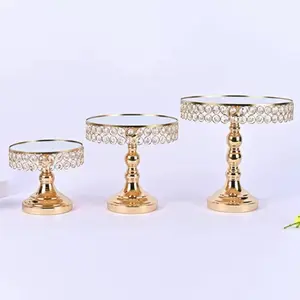 3 Pcs Crystal Gold Wedding Cake Stand Set with Pendants and Beads for Mirror Cupcake Dessert Pedestal Display Ideal for Weddings Birthdays Baby Showers Decor Shiny Reflective