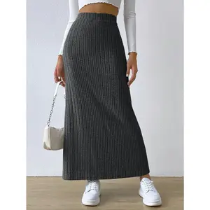 Fashion Women's High Waist Knitted Midi Skirt 2025 New Slim Fit Side Slit Long Skirt