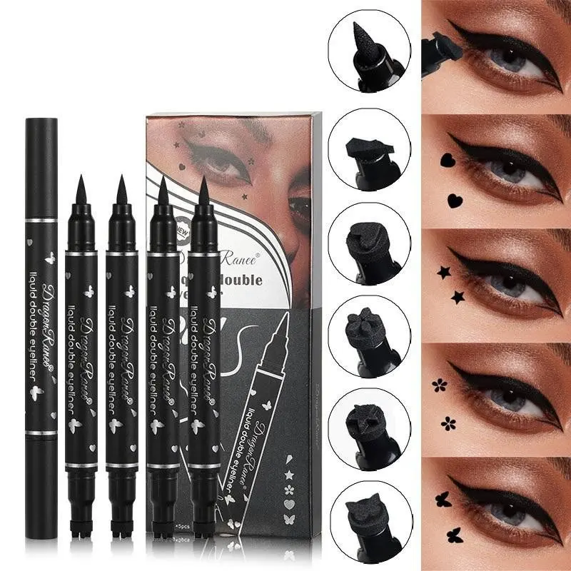 Waterproof Dual-Ended Eyeliner Stamp Pen, Ultra-Smooth Application, 12-Hour Long-Lasting, Heart Shape, Plum Blossom, Star Design, Eyeliner Makeup