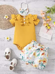 Summer Newborn Baby Girls Ruffle Sleeve, Cute Floral Shorts Set with Breathable Baby Bodysuit for Outdoor Wear, Stylish Summer Birthday Party Attire, Baby Girl Clothes