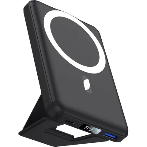 AOGUERBE 10000mAh Magnetic Folding Wireless Power Bank - 22.5W PD Fast Charging, Mag-Safe, LED Display, USB-C Cable, EDC Gear, 3-in-1 Portable Charger, Emergency Power for iPhone 16/15/14/13/12 Series Mobile Smartphones (Black)