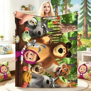 Masha and Bear Style Flannel Blanket, Quality Warm Soft Bedding Throw for Adults Kids, Boys Girls Winter Bedspread Home Decor Gift