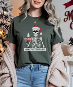 Santa Skeleton Dispatcher Life Matching Ugly Xmas Shirts Funny Christmas Coffee Skeleton Tee Unisex Crew Short Sleeve Crew Neck Casual Summer Tee for 911 Dispatchers