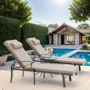 3 Pieces Patio Chaise Lounger,Aluminum Outdoor Loungers with Adjustable Backrest,Sun Loungers with Side Table for Beach Lawn Pool,Backyard