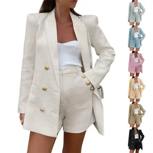 Fessceruna Womens 2 Piece Tweed Blazer Shorts Sets Long Sleeve Double Breasted Suit Jackets Business Outfit