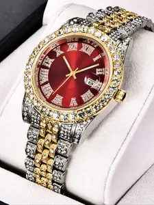 Rhinestone Decor Round Dial Analog Quartz Watch, Fashion Watch for Party, Daily Clothing Decor, Trendy Exquisite Watch for Birthday Gift without Box, Rhinestone Decorated Watch, Fashionable Party Watch