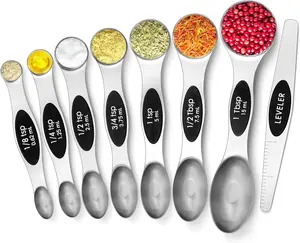 Magnetic measuring spoon set made of stainless steel, double-sided, suitable for liquid dry grains, measuring cup spoon set suitable for spice cans, kitchen tools, cookware set, including leveler, silver