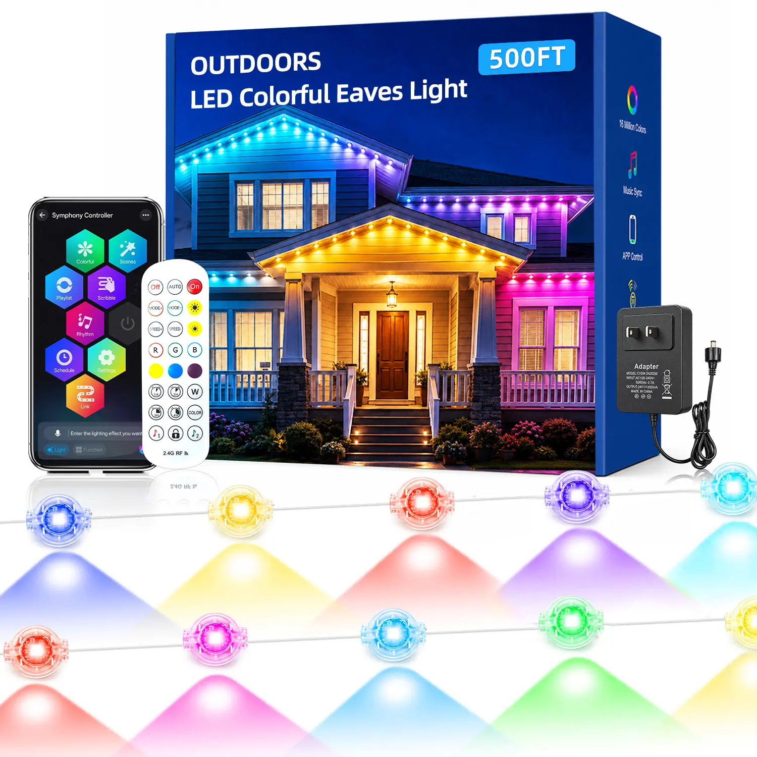 segrass 500FT Smart Permanent Outdoor Lights RGB+IC Eaves Christmas Light Music Sync IP67 Waterproof Outdoor led Lights Permanent Outdoor Lights for House Christmas Decor Light (2 Pack 250FT)