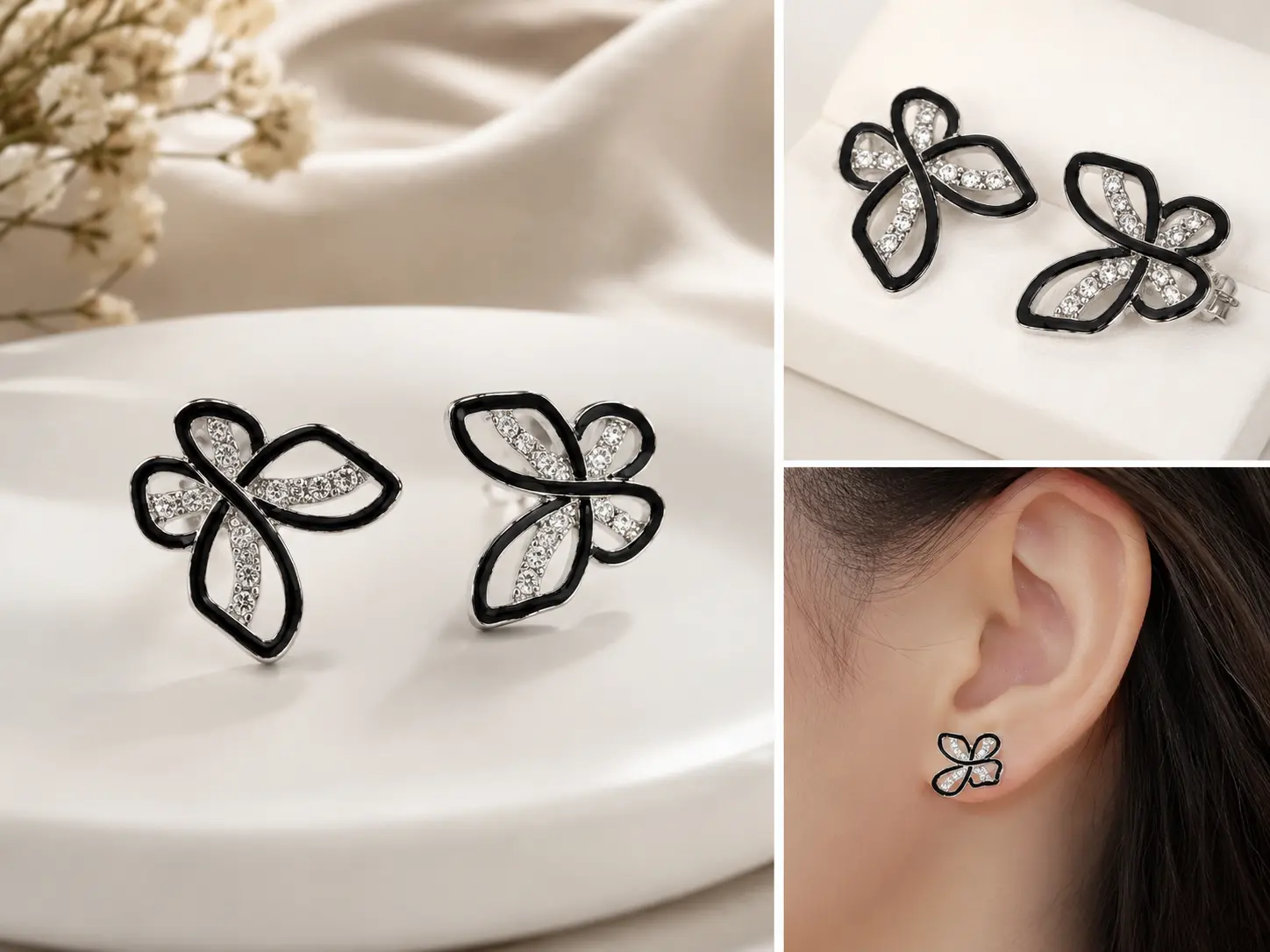 Elegant Black Crystal Buterfly Stud Earrings