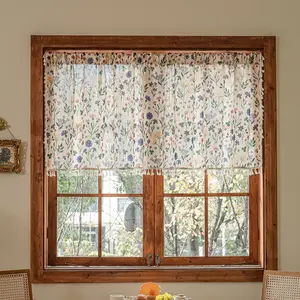 French Style Small Floral Pattern Coffee Curtain, Half Light Blocking Short Valance, Easy Care, Fits Kitchen Windows, Bedroom, Office