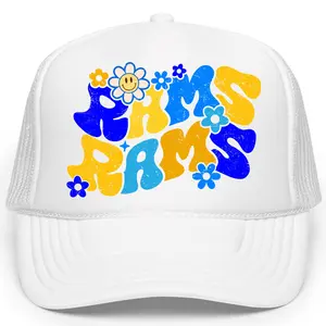 Retro Girly Rams Trucker Hat for Women and Teens - Flower Blue and Yellow Rams Adjustable Cap - Football Fan Snapback