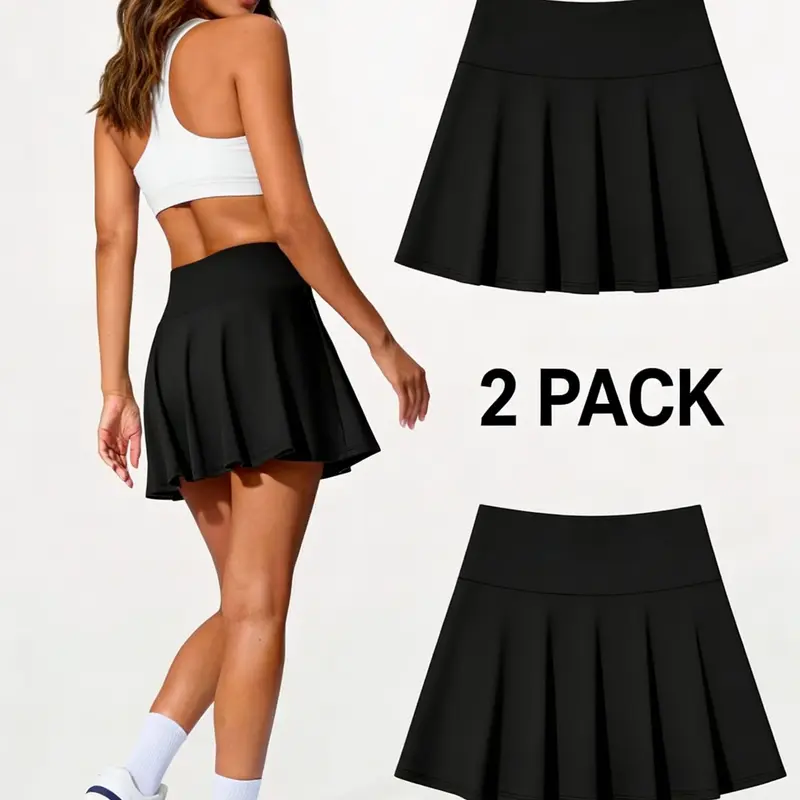 Women's 2PACK High-Waist Breathable Polyester Pleated Athletic Skorts with Pockets & Shorts - Universal Above-the-Knee Casual Sporty Skirts for Tennis, Golf - Summer Sporty Chic Wear